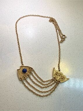 Sarah Coventry Fish Chain Dangle Gold Tone Statement Necklace with Blue Accent